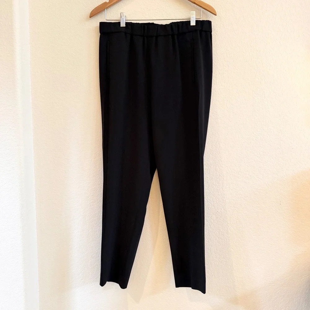 Theory Thorene Admiral Crepe Tapered Dress Pants Black Elastic Waist Size L